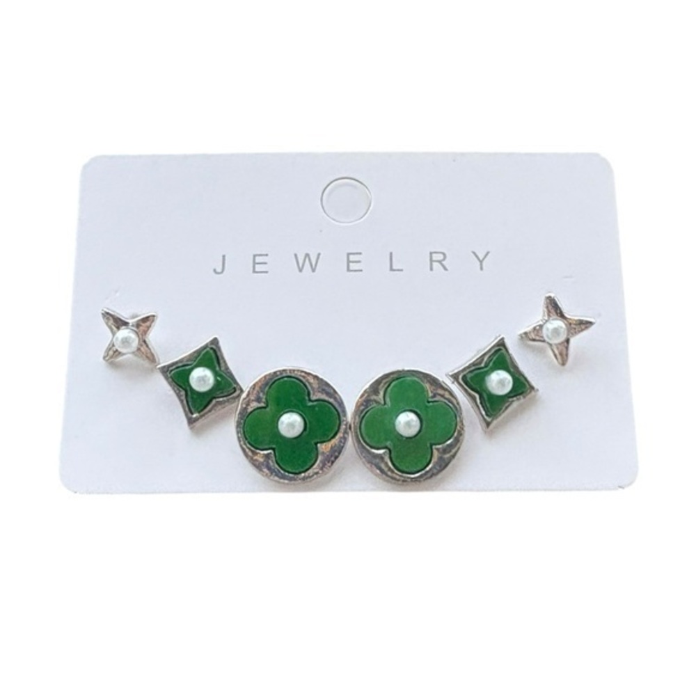 5/$25 Set of 3 Pair Green & Silver Stud Earrings